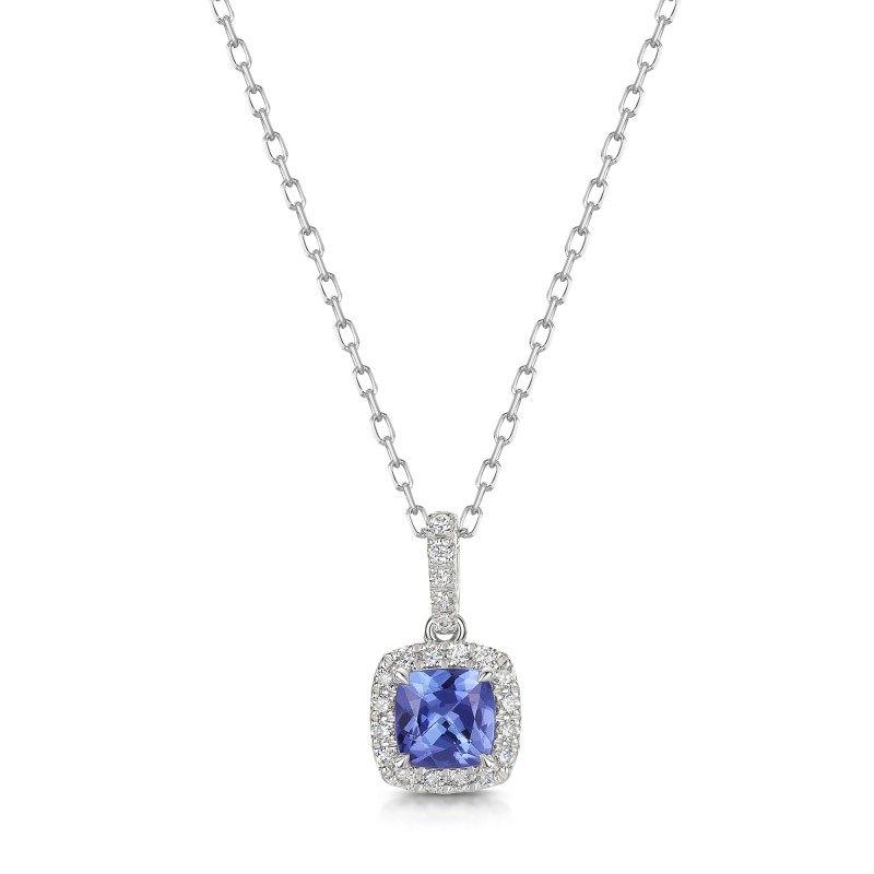 18ct White Gold Cushion Cut Tanzanite 0.60ct with Diamond Halo Pendant
