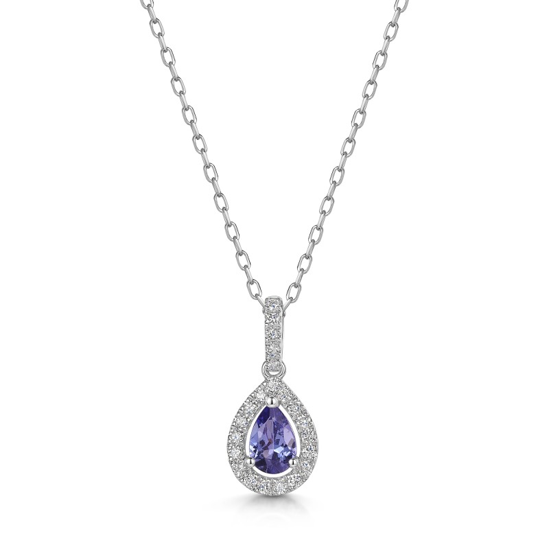 18ct White Gold Pear Cut 0.40ct Tanzanite with 0.15ct Diamond Halo Pendant