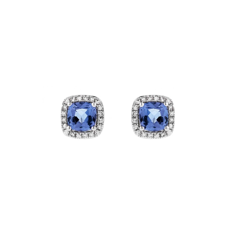 9ct White Gold Cushion Cut Tanzanite 0.76ct Diamond Halo Stud Earrings