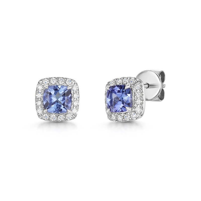 18ct White Gold Cushion Cut Tanzanite 0.70ct with Diamond Halo Earrings