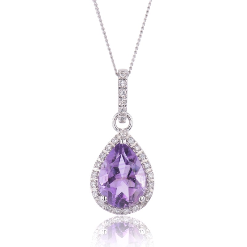 9ct White Gold Pear Cut Amethyst 1.76ct Diamond Halo Pendant