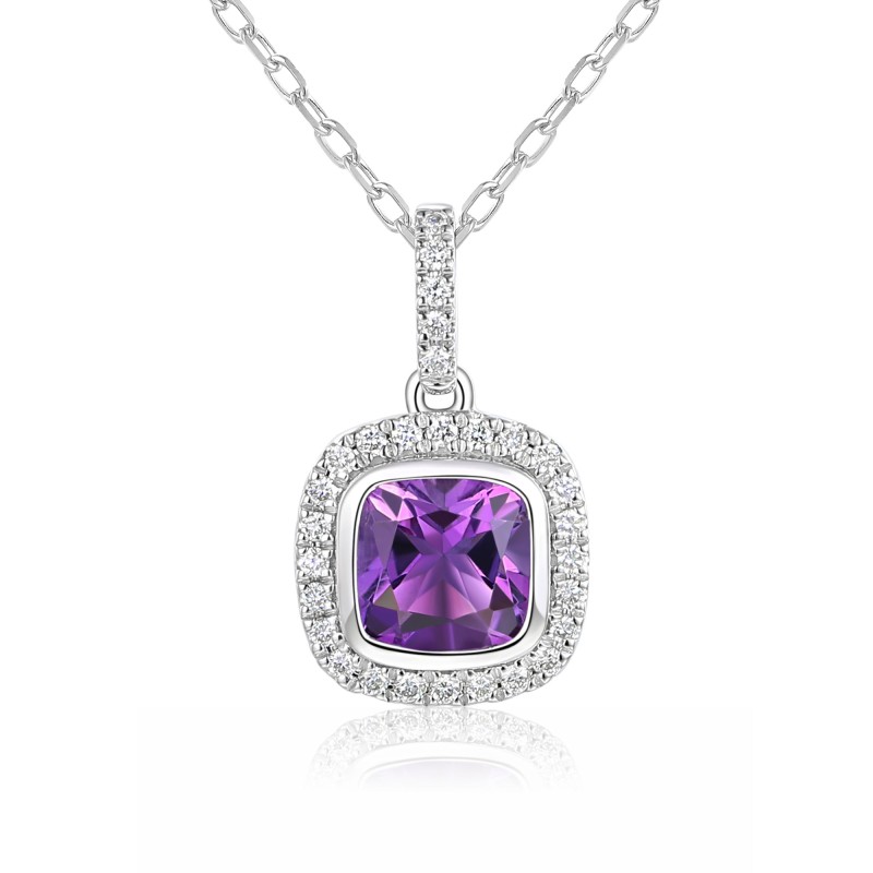 18ct White Gold Cushion Cut 1.07ct Amethyst and Diamond Halo Pendant