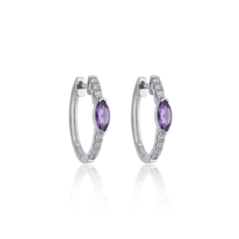 9ct White Gold Marquise Cut Amethyst and Diamond Hoop Earrings
