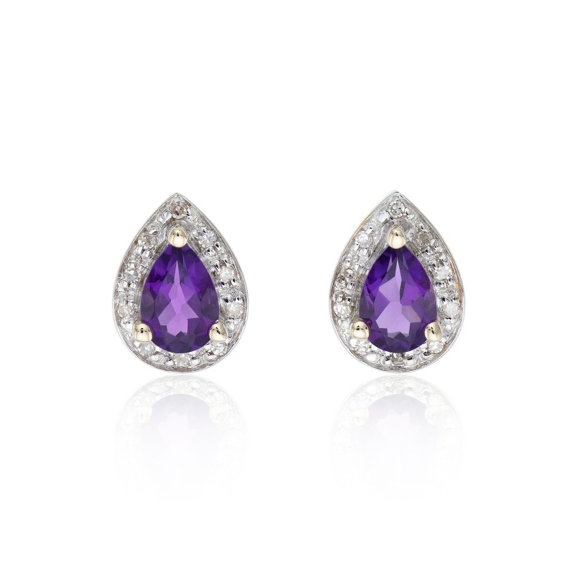 9ct Yellow Gold Amethyst and Diamond Halo Stud Earrings