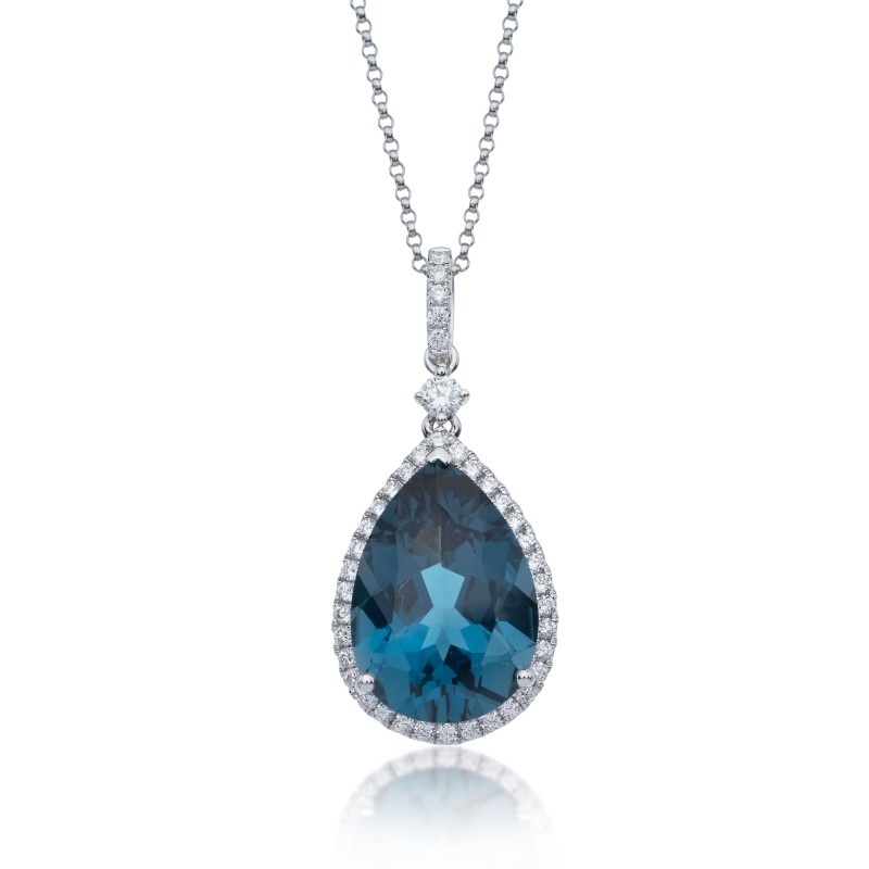 18ct White Gold 10.10ct Pear Cut London Blue Topaz and 0.50ct Diamond Halo Pendant