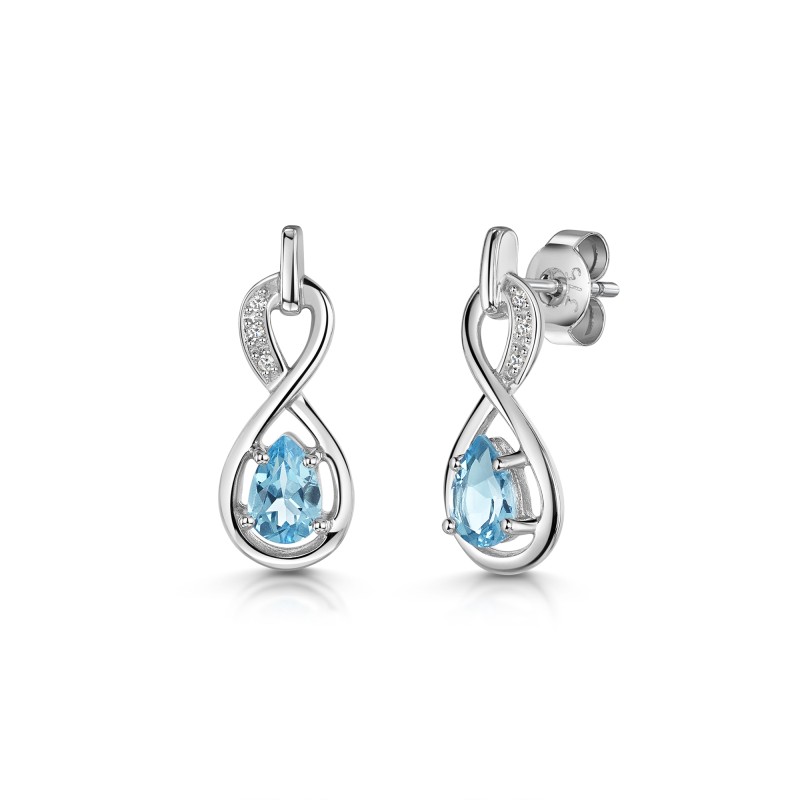 9ct White Gold Pear Shape Blue Topaz & Diamond Infinity Earrings