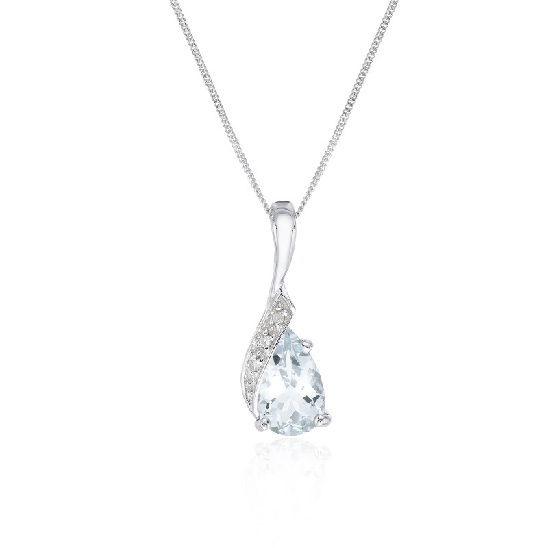 9ct White Gold Pear Shape Aquamarine and 0.01ct Diamond Pendant
