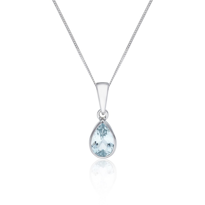 9ct White Gold Pear Cut Aquamarine Rub Over Pendant