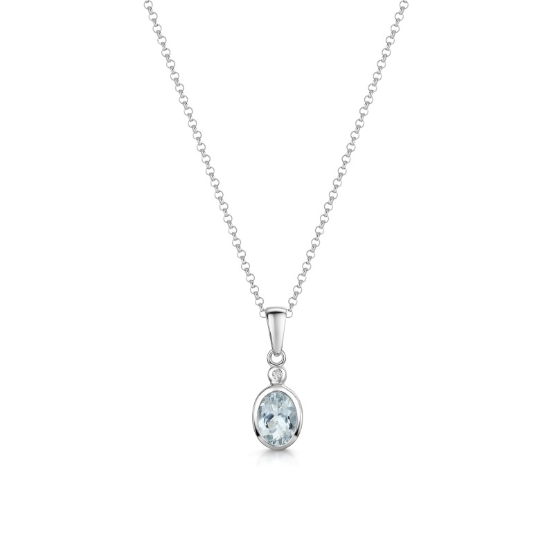 9ct White Gold 0.85ct Oval Aquamarine & Diamond Pendant