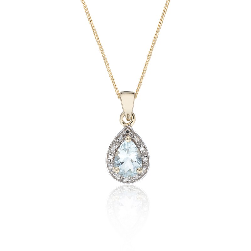 9ct Yellow Gold Pear Cut Aquamarine and 0.04ct Diamond Halo Pendant