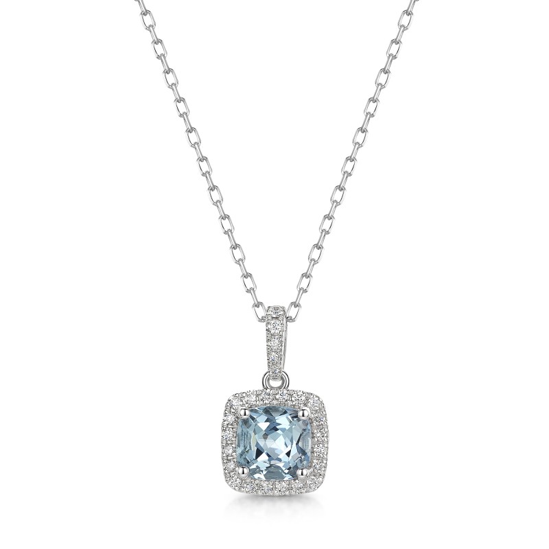 18ct White Gold Cushion Cut Aquamarine 0.75ct with Diamond Halo Pendant