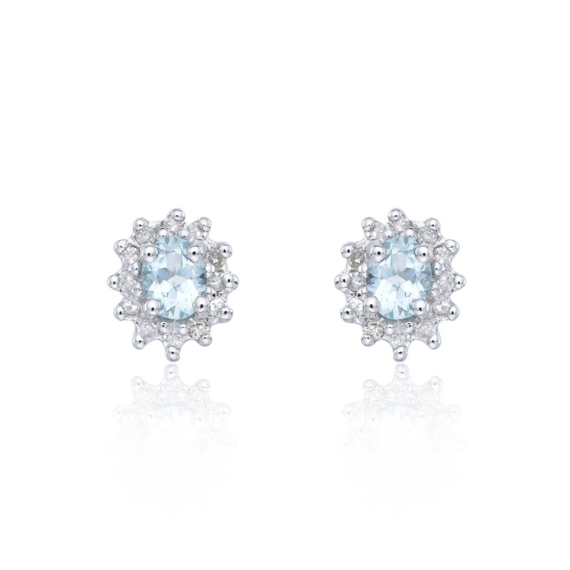 9ct White Gold 0.10ct Diamond and Aquamarine Halo Earrings
