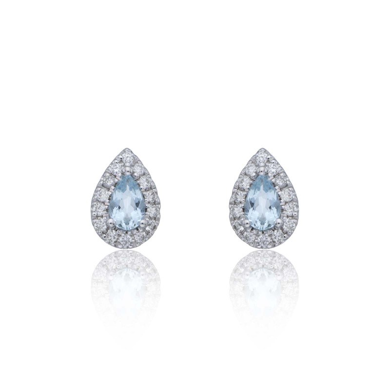 9ct White Gold Diamond 0.18ct and Aquamarine Halo Earrings
