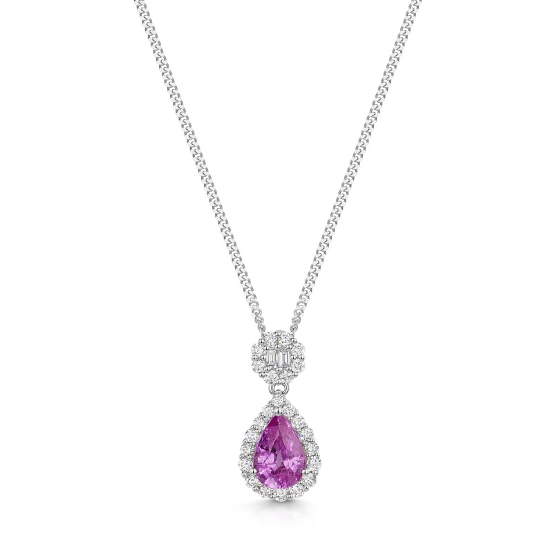 18ct White Gold Pear Cut Pink Sapphire 0.75ct & Diamond 0.26ct Halo Drop Pendant