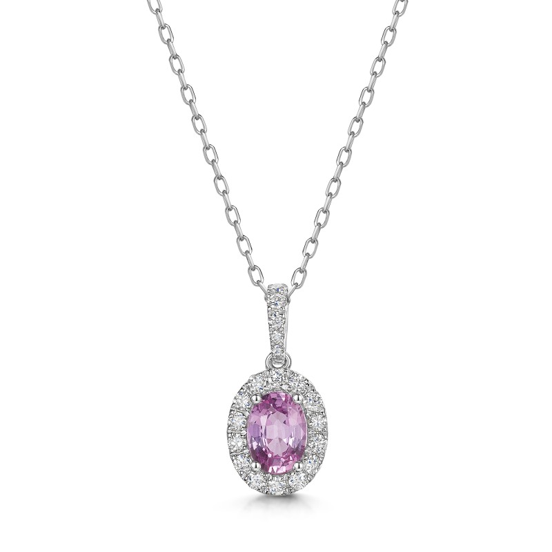18ct White Gold Oval Cut 1.10ct Pink Sapphire with 0.07ct Diamond Halo Pendant