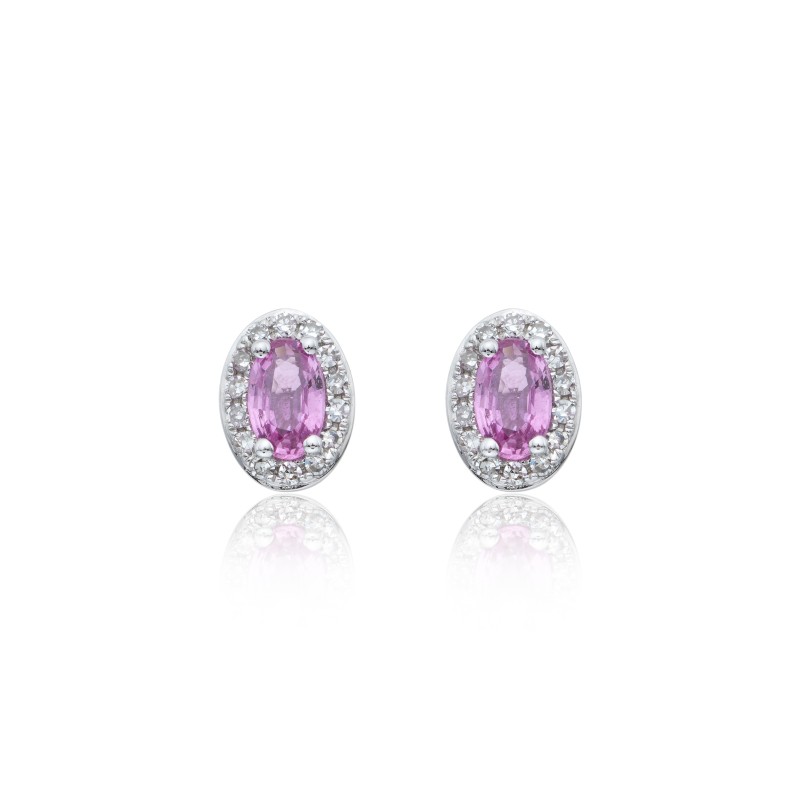 9ct White Gold Oval Cut Pink Sapphire 0.80ct Diamond Halo Stud Earrings