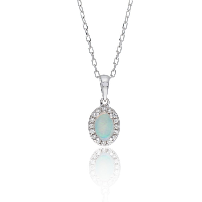 9ct White Gold Oval Cut Opal 0.68ct Diamond Halo Pendant