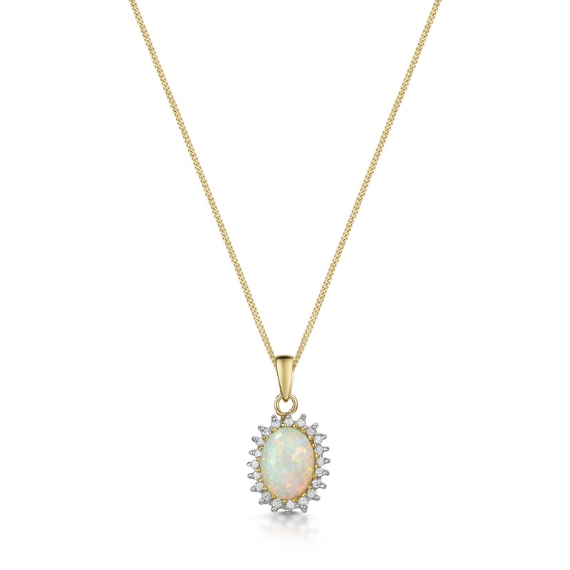 9ct Yellow Gold 1.25ct Oval Opal and Round Brilliant Diamond Halo Pendant