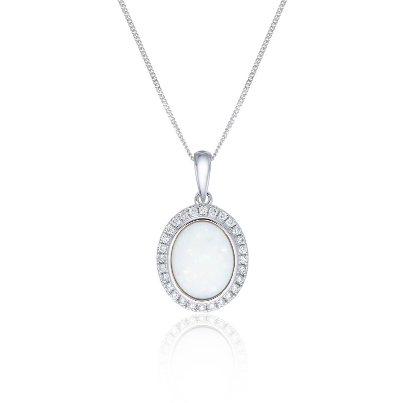 18ct White Gold 1.38ct Cabochon Cut Opal and Diamond Pendant