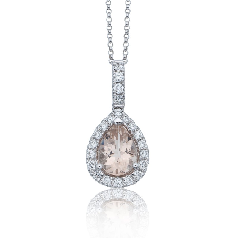 18ct White Gold Morganite and Diamond 1.50ct Pear Halo Pendant