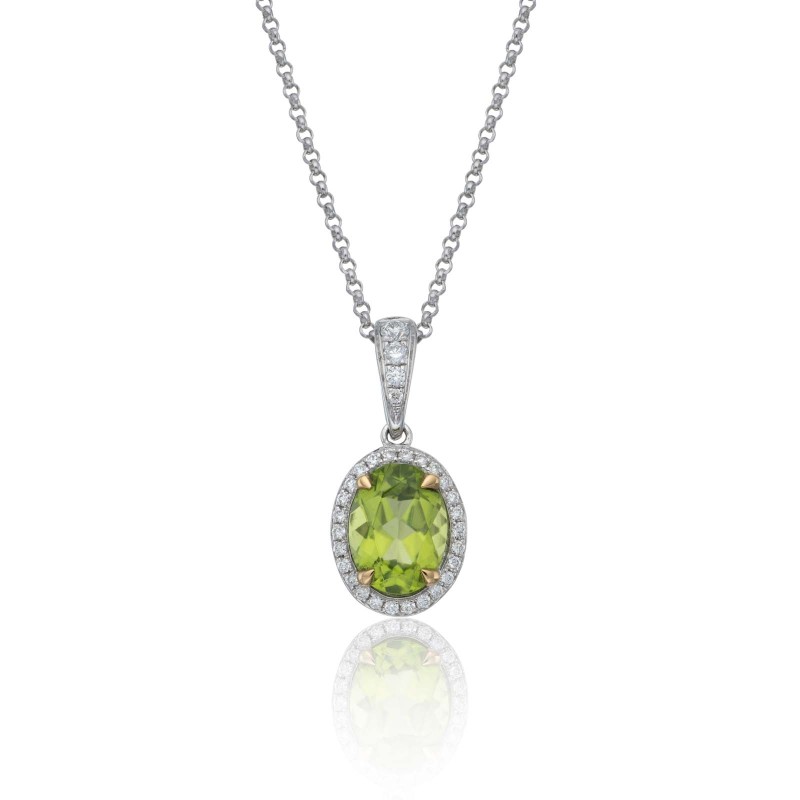 18ct White Gold Diamond 0.12ct and Peridot 1.32ct Halo Pendant
