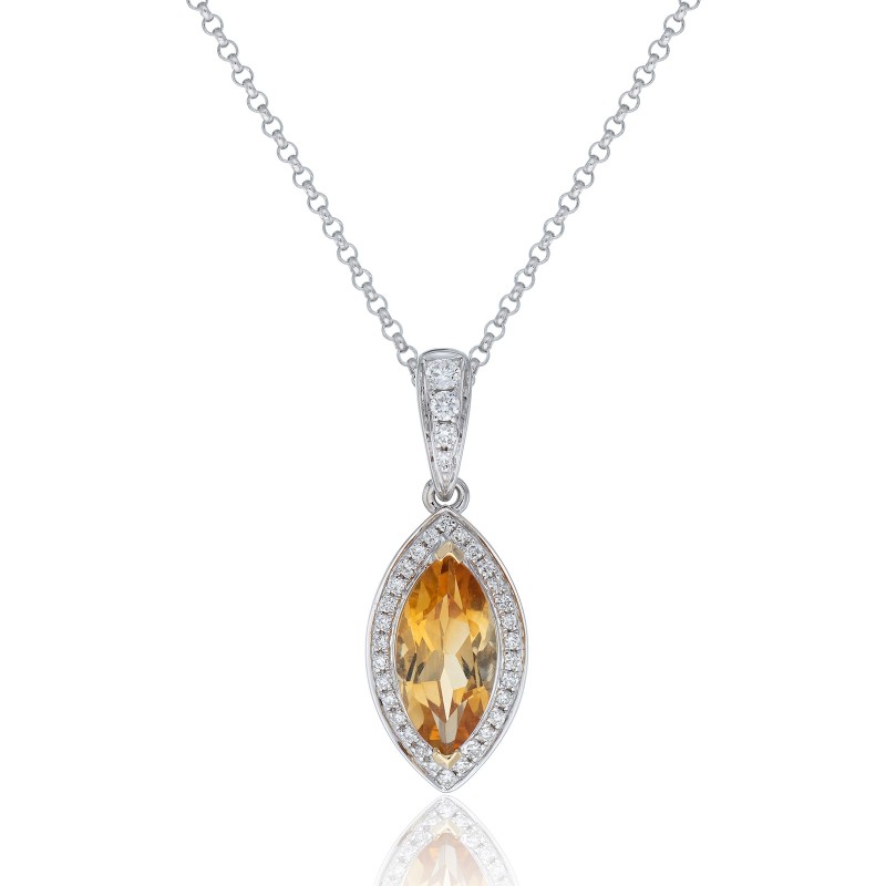 18ct White Gold Diamond 0.13ct and Citrine 0.99ct Halo Pendant