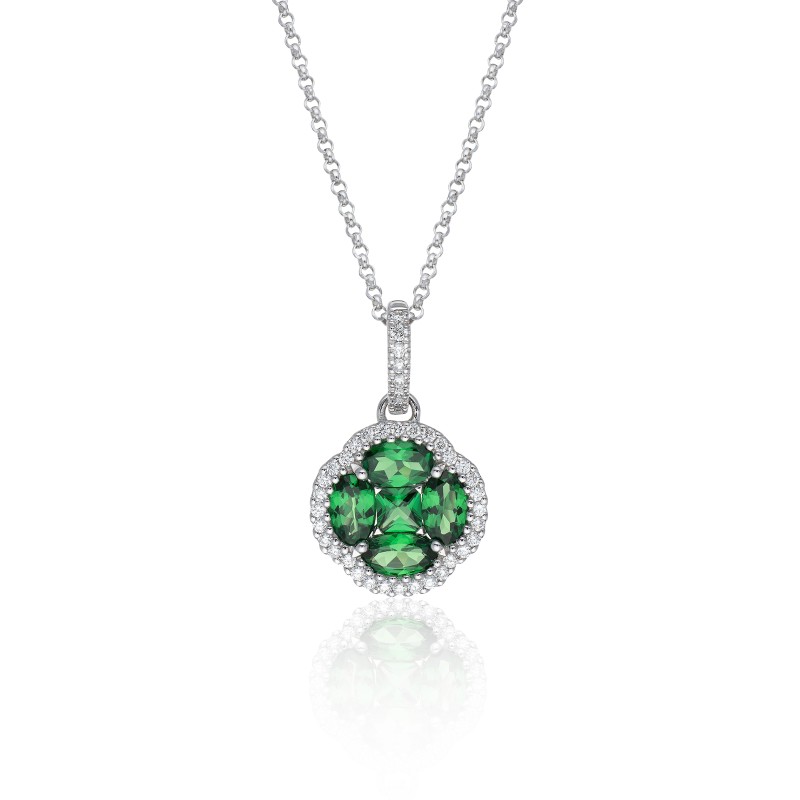 18ct White Gold Mixed Cut Tsavorite and Diamond 1.77ct Drop Flower Pendant