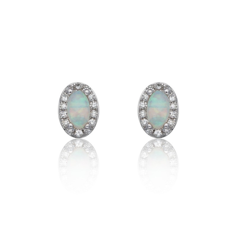 9ct White Gold Oval Cut Opal 0.80ct Diamond Halo Stud Earrings
