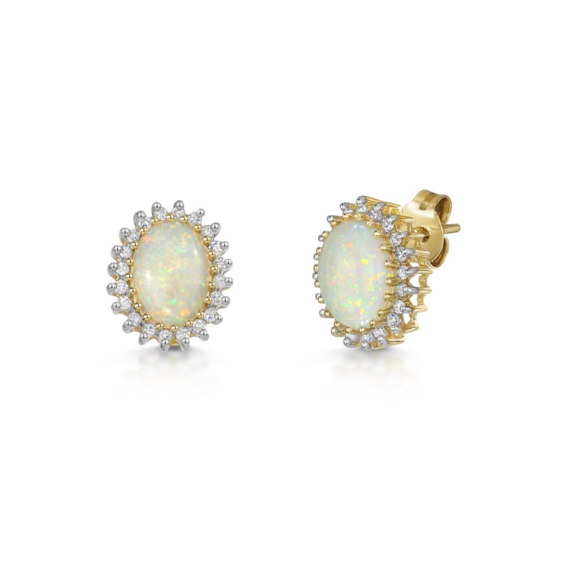 9ct Yellow Gold 2.50ct Oval Opal and Round Brilliant Diamond Halo Earrings