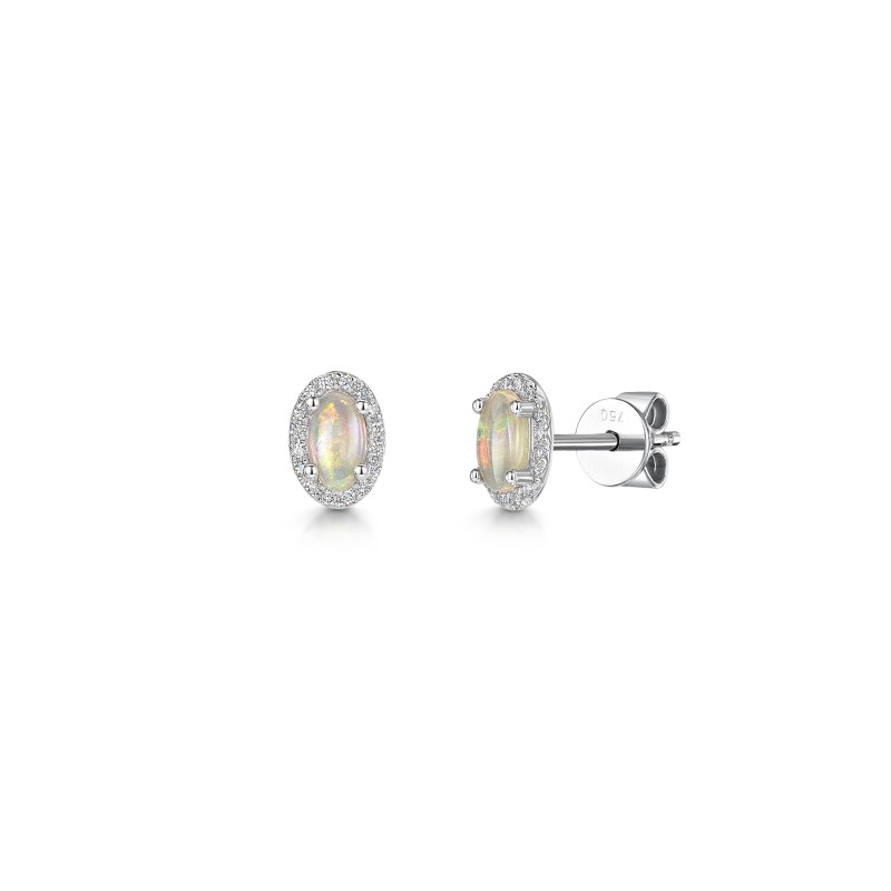 18ct White Gold Oval Cut 0.30ct Opal with 0.07ct Diamond Halo Earrings