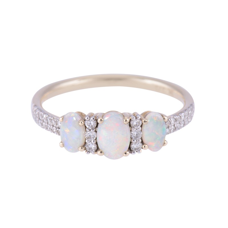 9ct Yellow Gold Opal Three Stone Ring with Diamond Shoulders