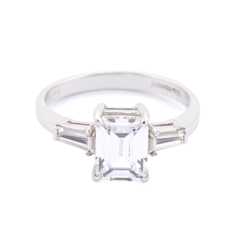 9ct White Gold Emerald Cut Cubic Zirconia and Cubic Zirconia Shoulders Ring
