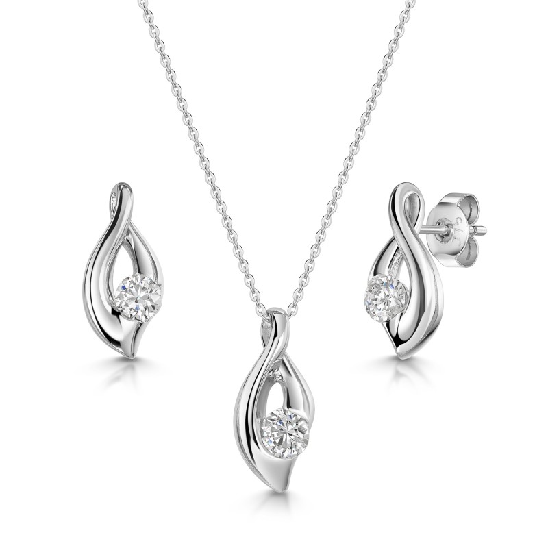9ct White Gold Cubic Zirconia Fancy Twist Round Brilliant Solitaire Pendant & Earring Set