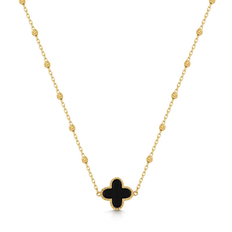 9ct Yellow Gold Black Onyx Clover Necklet