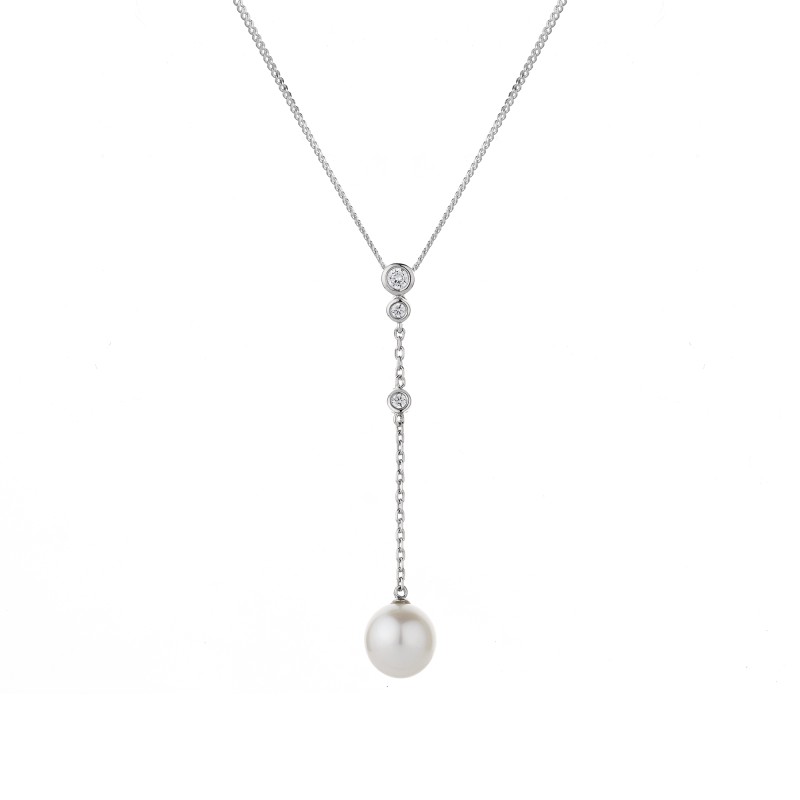9ct White Gold Pearl And Diamond 0.08ct Long Drop Pendant