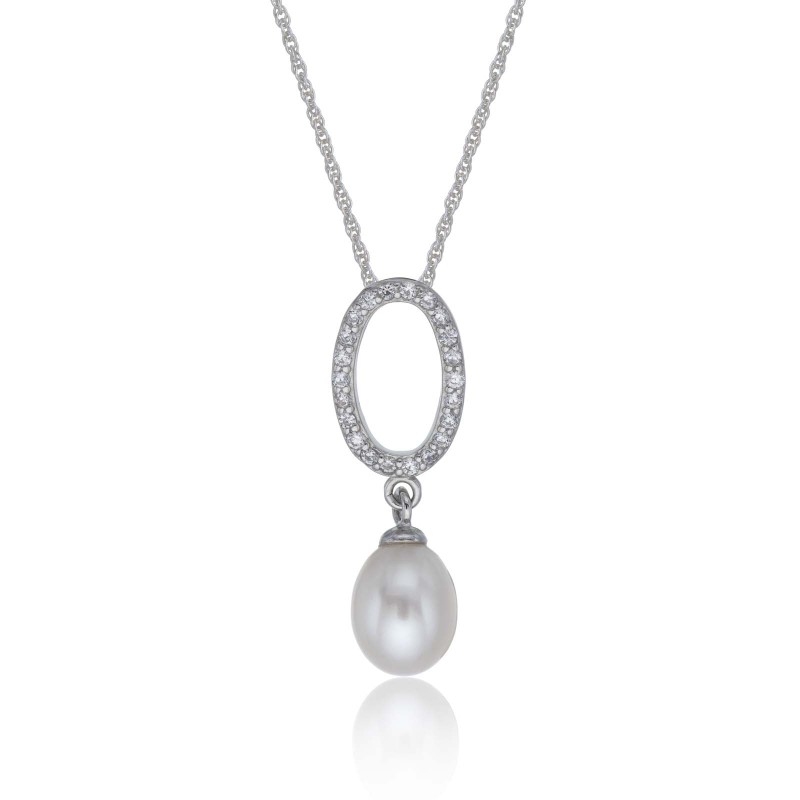 Silver Oval Cubic Zirconia 7-7.5mm Pearl Drop Pendant