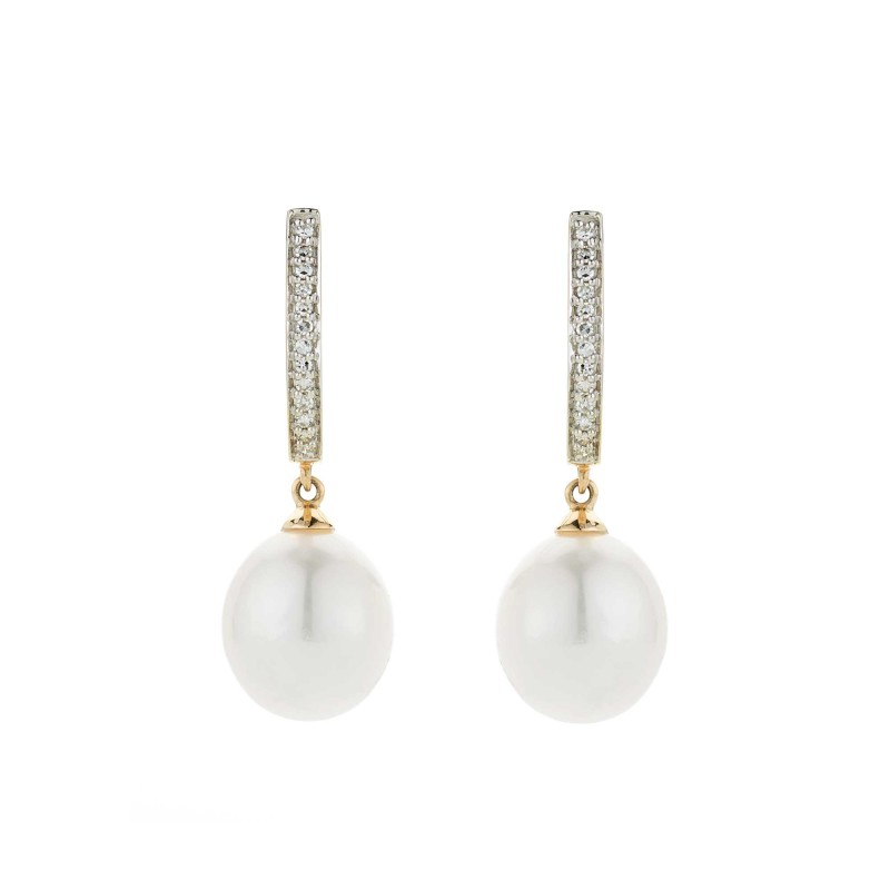 9ct Yellow Gold Pearl And Diamond 0.08ct Drop Earrings