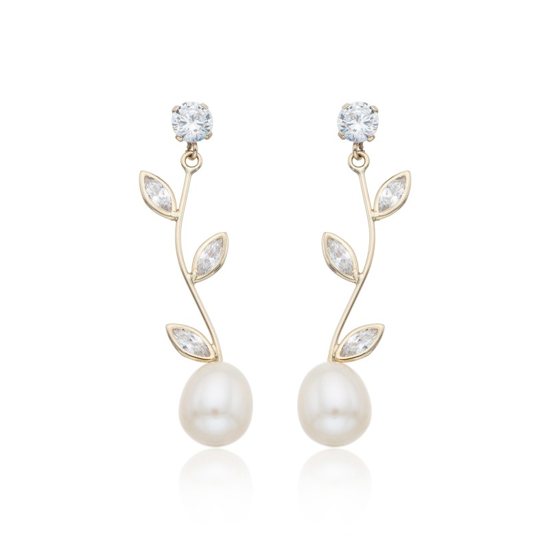 9ct Yellow Gold Cubic Zirconia and Pearl Stem Drop Earrings