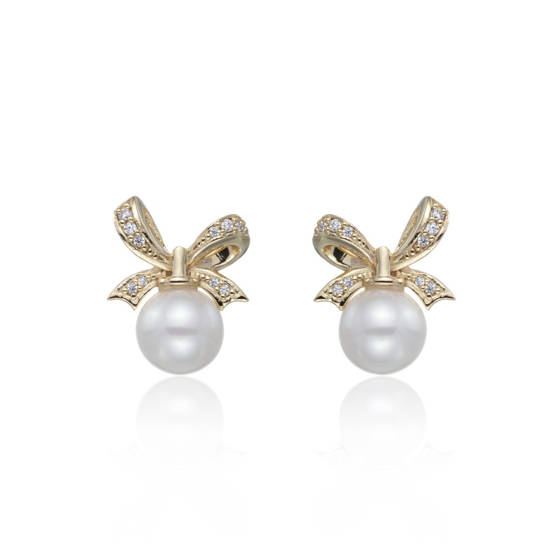 Yellow Gold Plated Pearl Bow Earrings