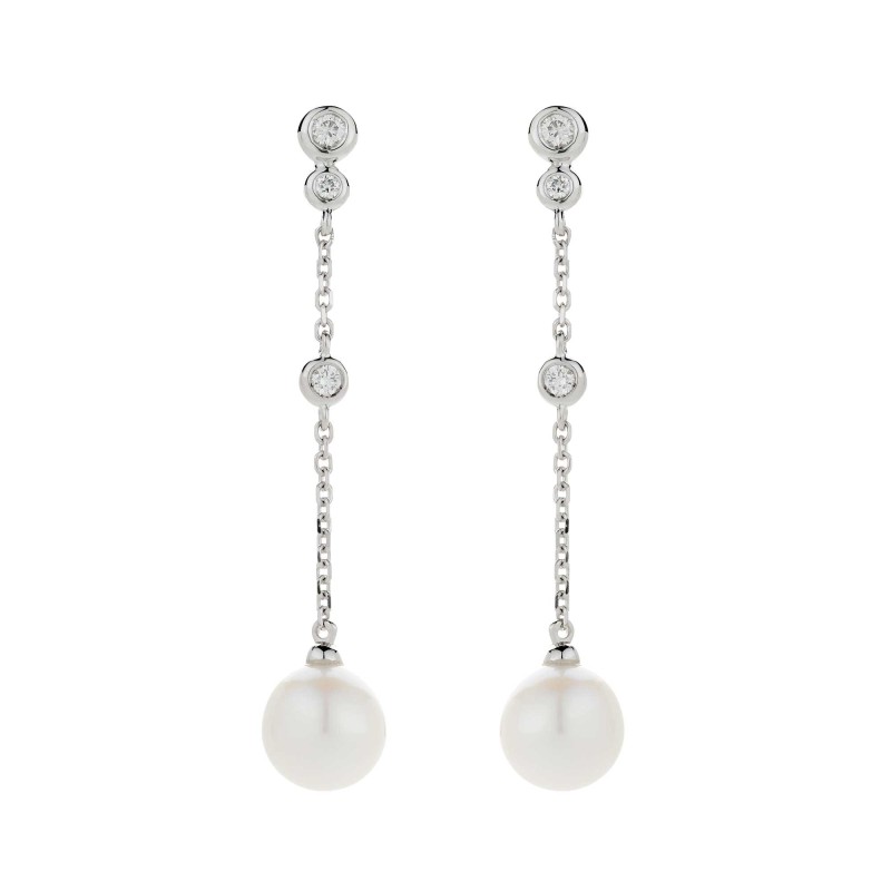 9ct White Gold Pearl And Diamond 0.10ct Long Drop Earrings