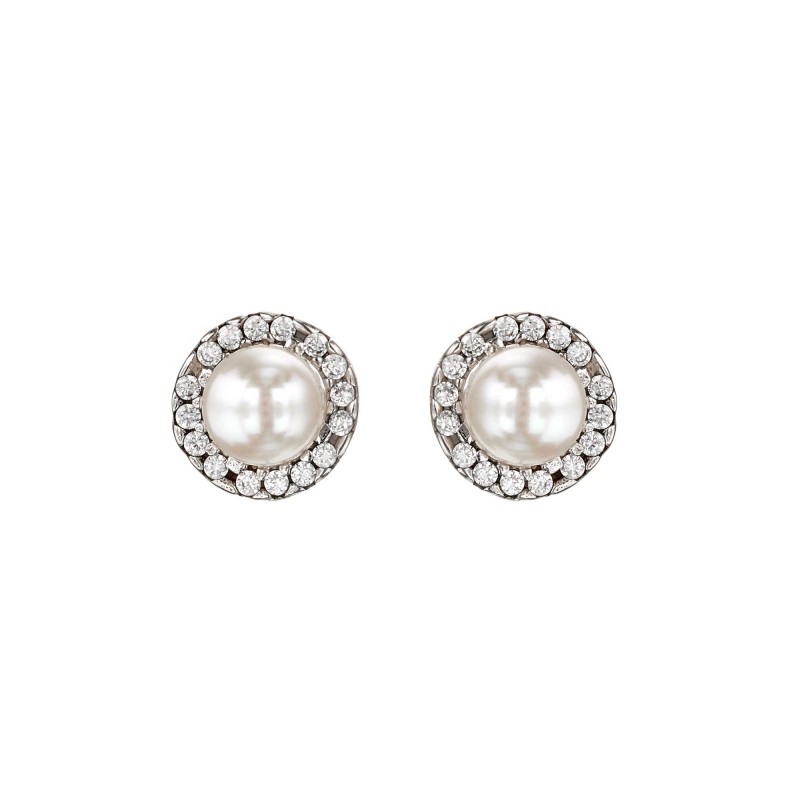 9ct White Gold Pearl and Cubic Zirconia Halo Stud Earrings