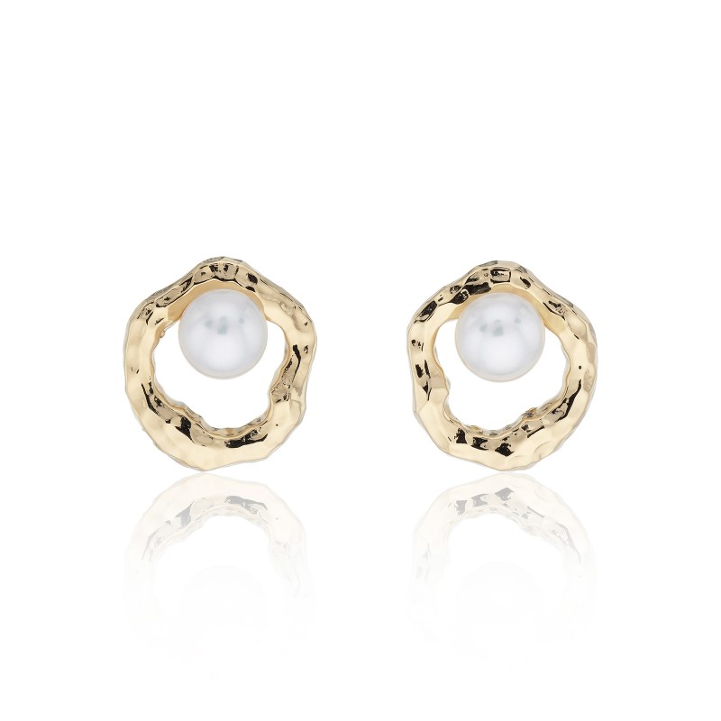  Yellow Gold Plated Hammered 6-6.5mm Pearl Earrings