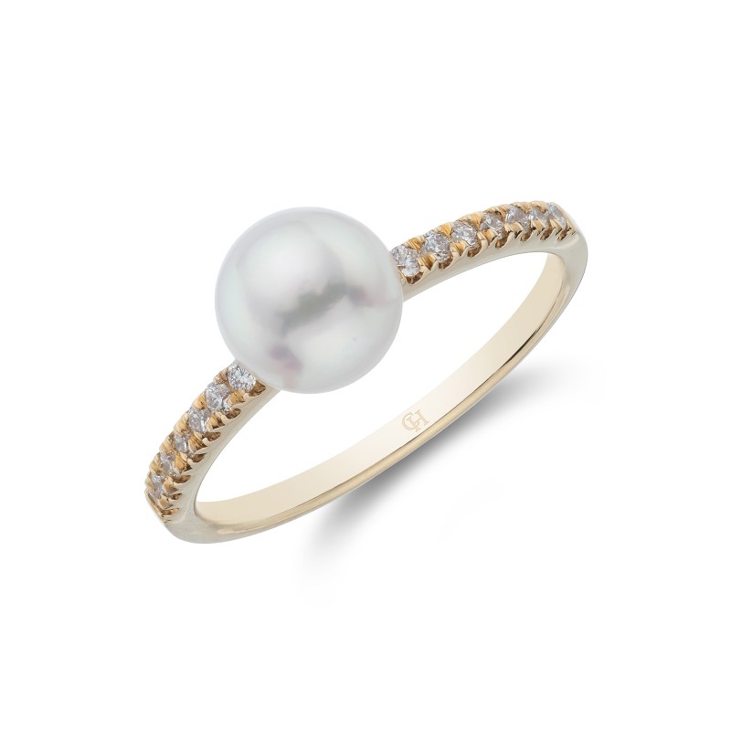 18ct Yellow Gold Akoya Pearl Diamond Ring