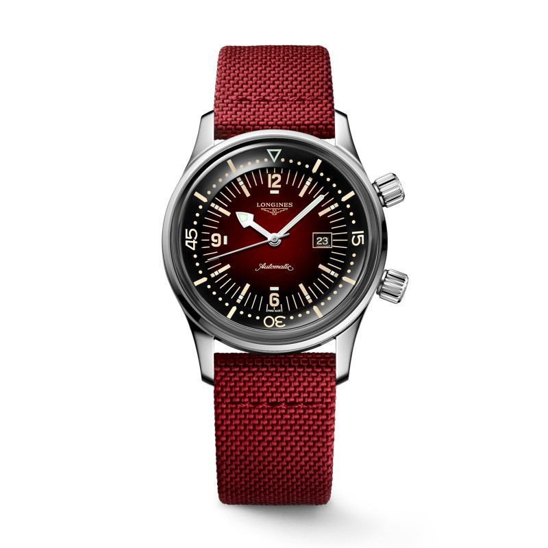Longines Legend Diver Mens Watch L33744402 Dark Red Arabic Dial Dark Red Strap