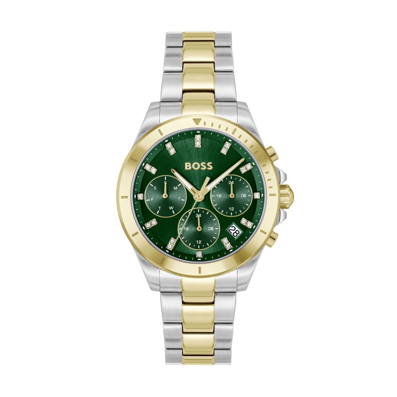 BOSS Alley Lux Two Tone Crystal Green Dial Quartz Watch 1502827