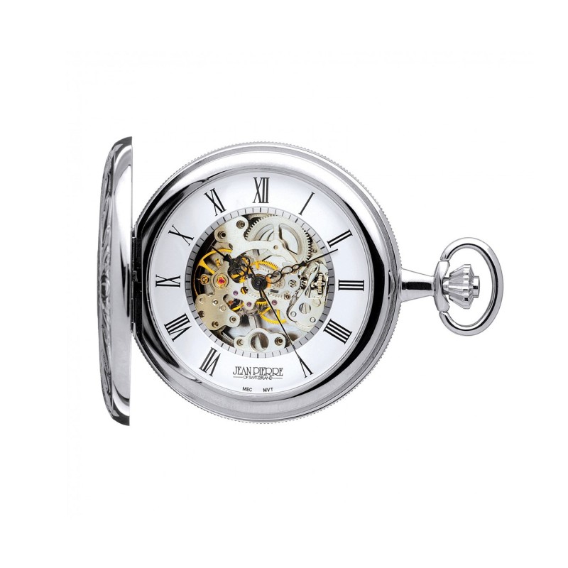 Jean Pierre Chrome Plated 17 Jewelled Mechanical Double Hunter Skeleton Pocket Watch G251CM