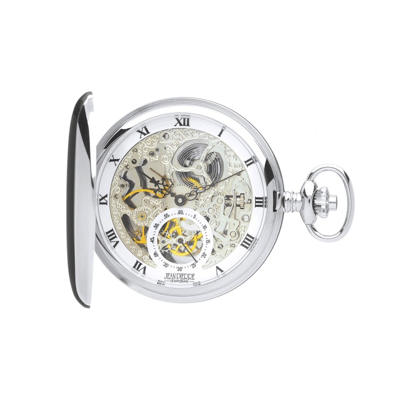 Jean Pierre Chrome Plated 17 Jewelled Mechanical Full Hunter Pocket Watch with Chain G250CM