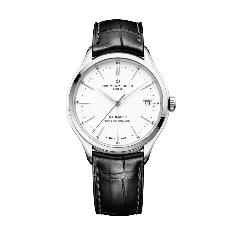 Baume et Mercier Clifton Mens Watch M0A10518 White Dial Leather Strap