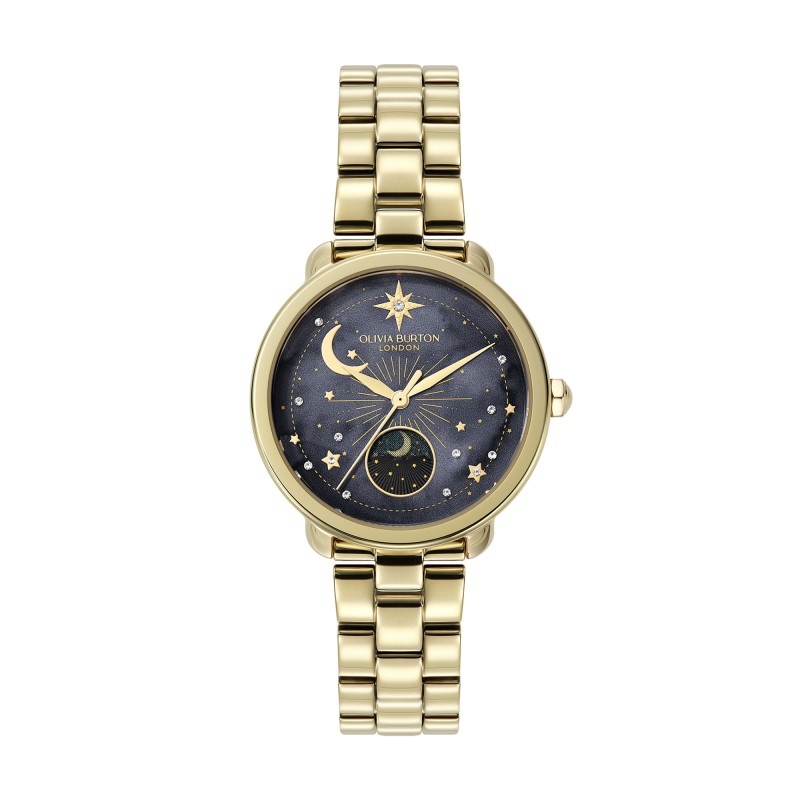 Olivia Burton Celestial 34mm Moon Phase Black & Gold Bracelet Watch 24000298