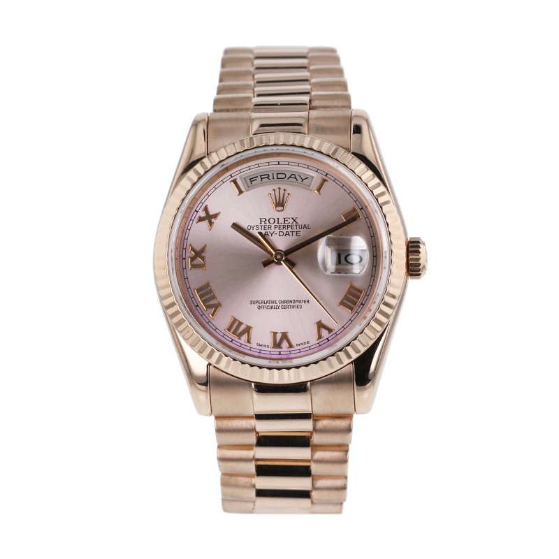 Pre-Owned Rolex 18ct Rose Gold Day-Date 36mm Pink Roman Numeral Dial Watch 118235
